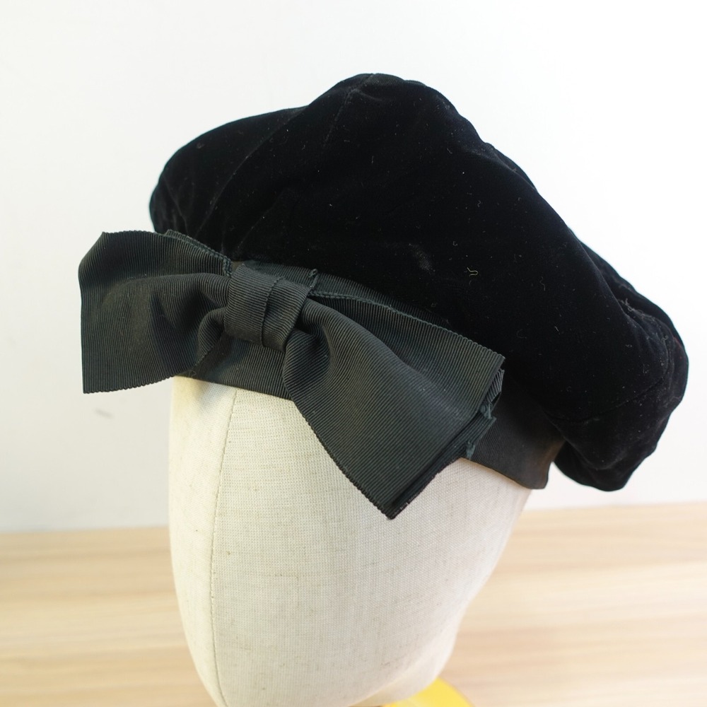 50s‎ Vintage Bambergers Black Velvet Hat Women 6 S Union Grosgrain Bow Calot USA